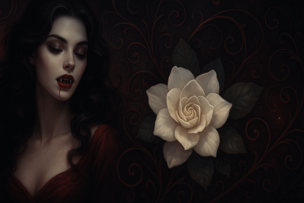 woman with vampire teeth and gardenia flower